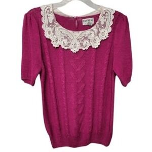 Vintage 80s Lace Bib Collar Puff Sleeve‎ Sweater Womens Medium Coquette Cottage